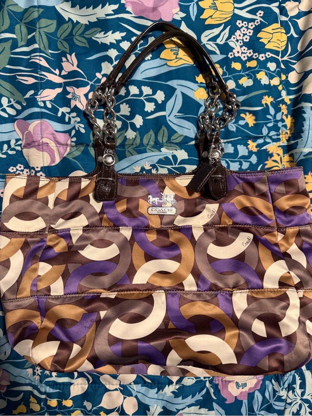 Coach Satin Signature Tote in Purple, Brown & Cream